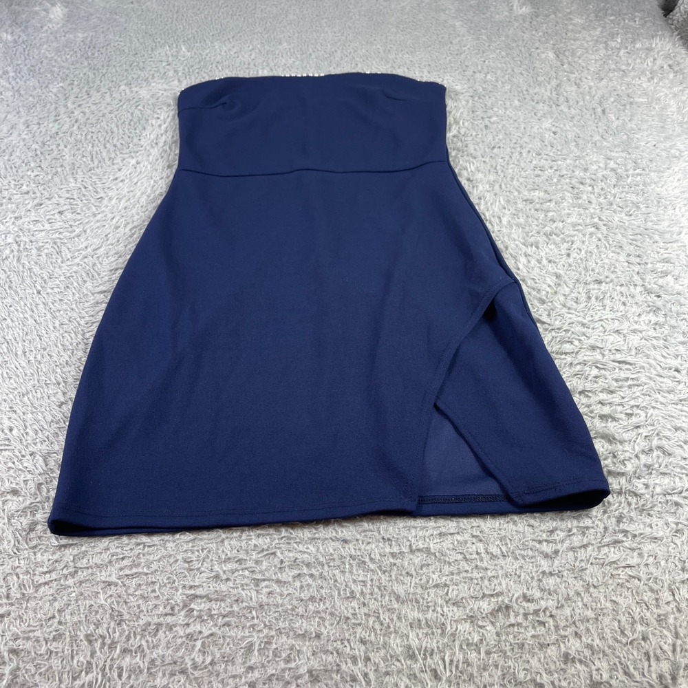 Blue Blush Womens Strapless Mini Dress Navy Blue Side Slit Bodycon Size Small